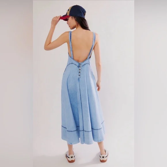 Free People Stars Align Midi Dress, Denim, Fit & Flare Dress, Blue, Size 4 - Picture 11 of 12